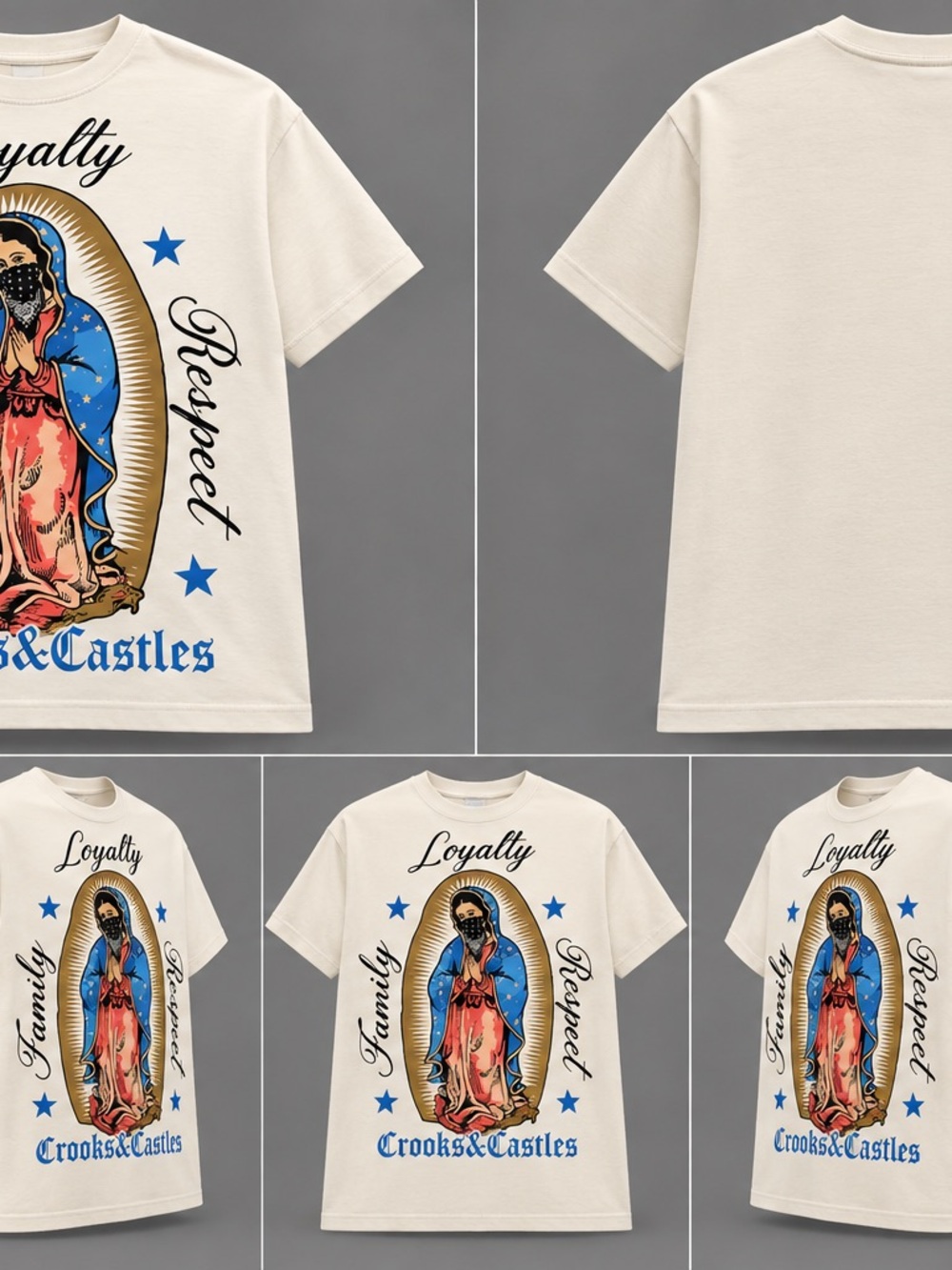 Crooks & Castles Cream Tee with Blue and Red Religious Graphic